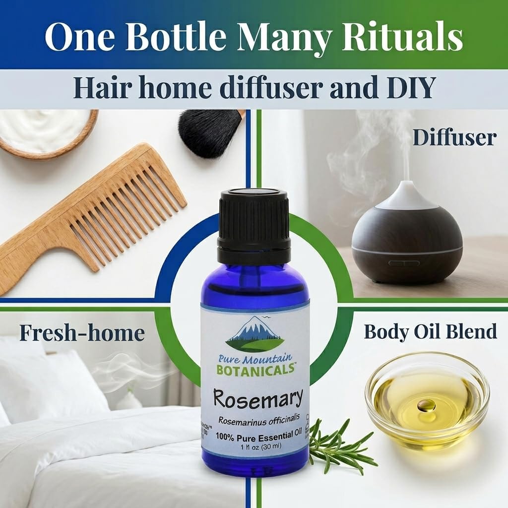 Pure Mountain Botanicals Rosemary Essential Oil - Pure, Undiluted, Steam Distilled - Spanish Rosemary - Kosher Certified - 1 fl oz (30 ml)