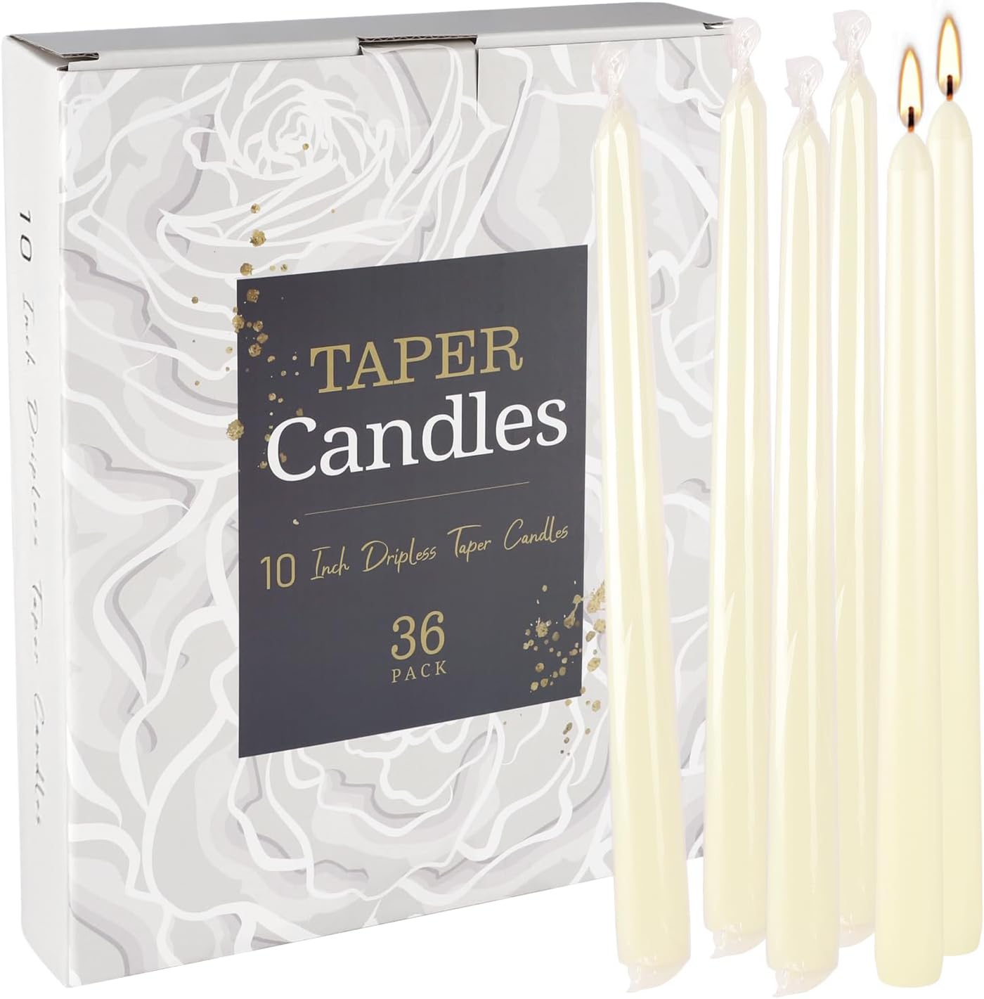 YOROXRG 36 Pack Ivory White Taper Candles, 7-8 Hours Burn Time, Unscented, Smokeless and Dripless, 0.8 x 10 Inch Dinner Candle Set for Household, Wedding, Party and Home Décor Candlesticks