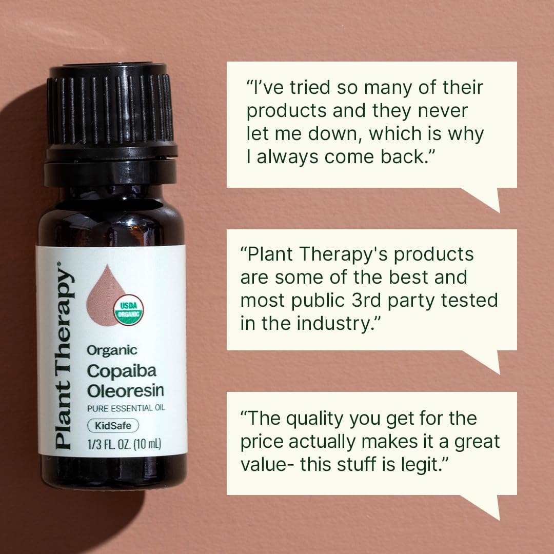 Plant Therapy Organic Copaiba Essential Oil (Oleoresin), 10 mL (1/3 oz), 100% Pure, USDA Certified Organic, Undiluted, Aromatherapy for Diffuser & Skincare