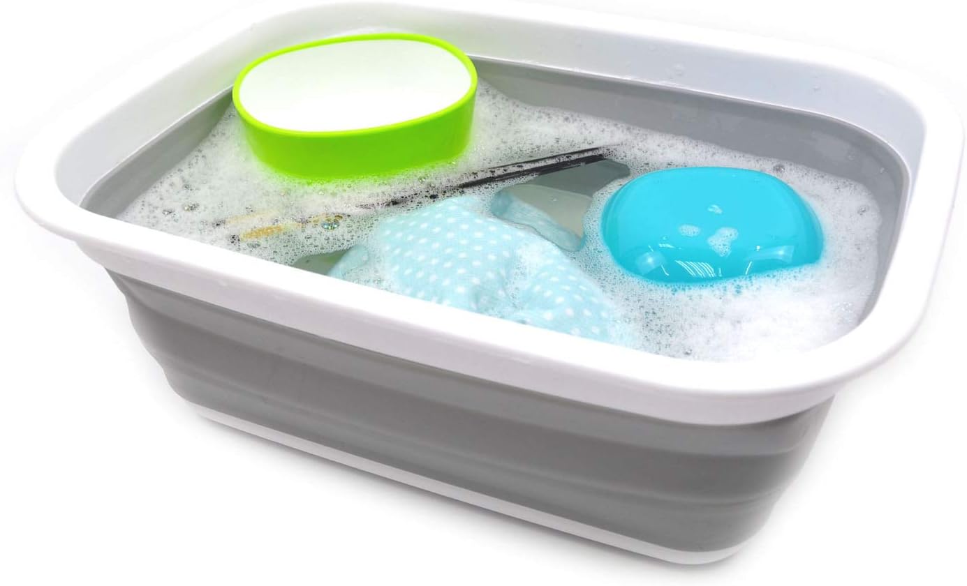 SAMMART 9.2L (2.37Gallon) Collapsible Wash Basin - Foldable Outdoor Picnic Basket - Portable Plastic Tub - Space Saving Storage Container with size : 15.3 x 11.2 x 5.5 / 1.5" (M, Gray)