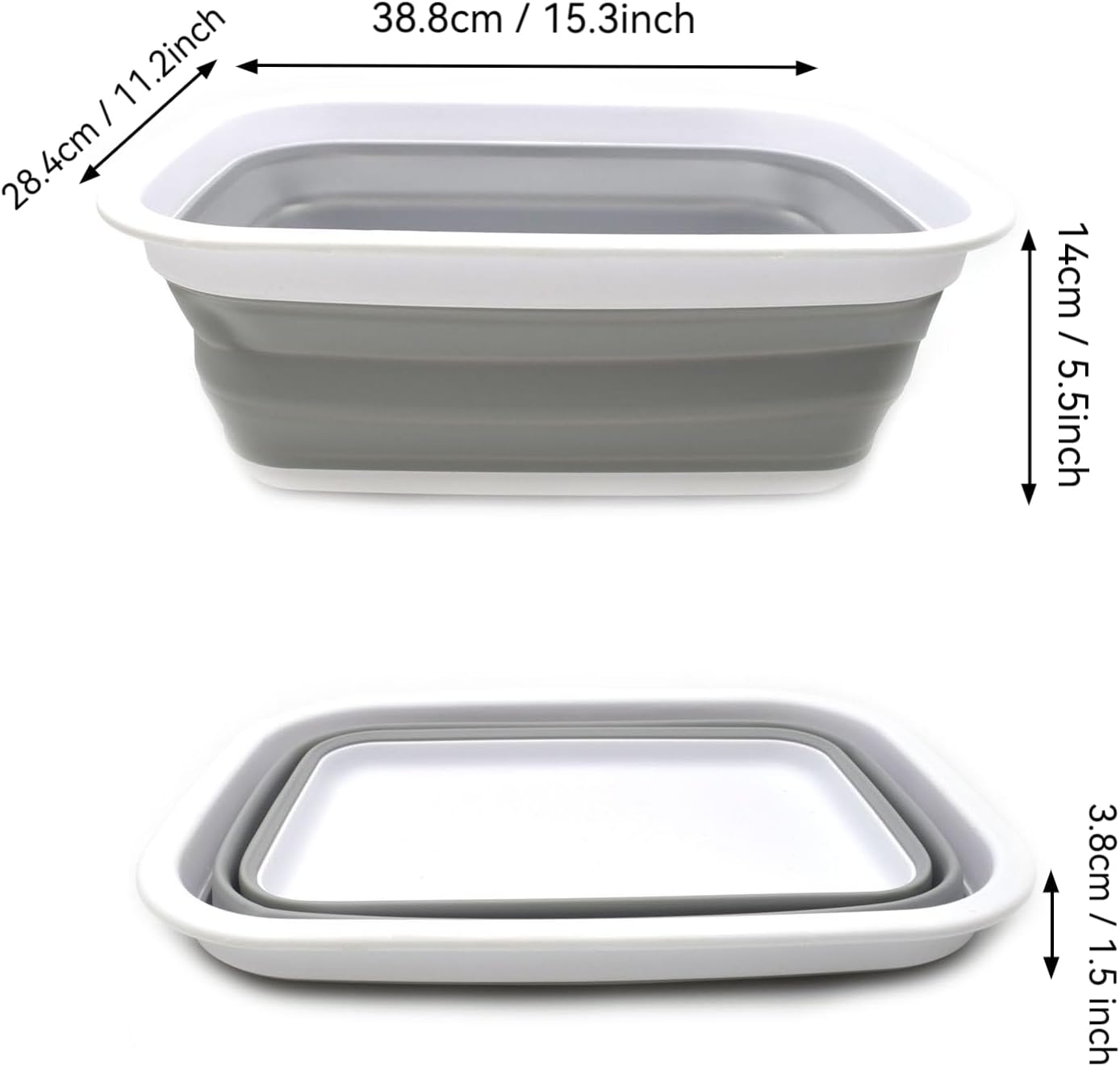 SAMMART 9.2L (2.37Gallon) Collapsible Wash Basin - Foldable Outdoor Picnic Basket - Portable Plastic Tub - Space Saving Storage Container with size : 15.3 x 11.2 x 5.5 / 1.5" (M, Gray)