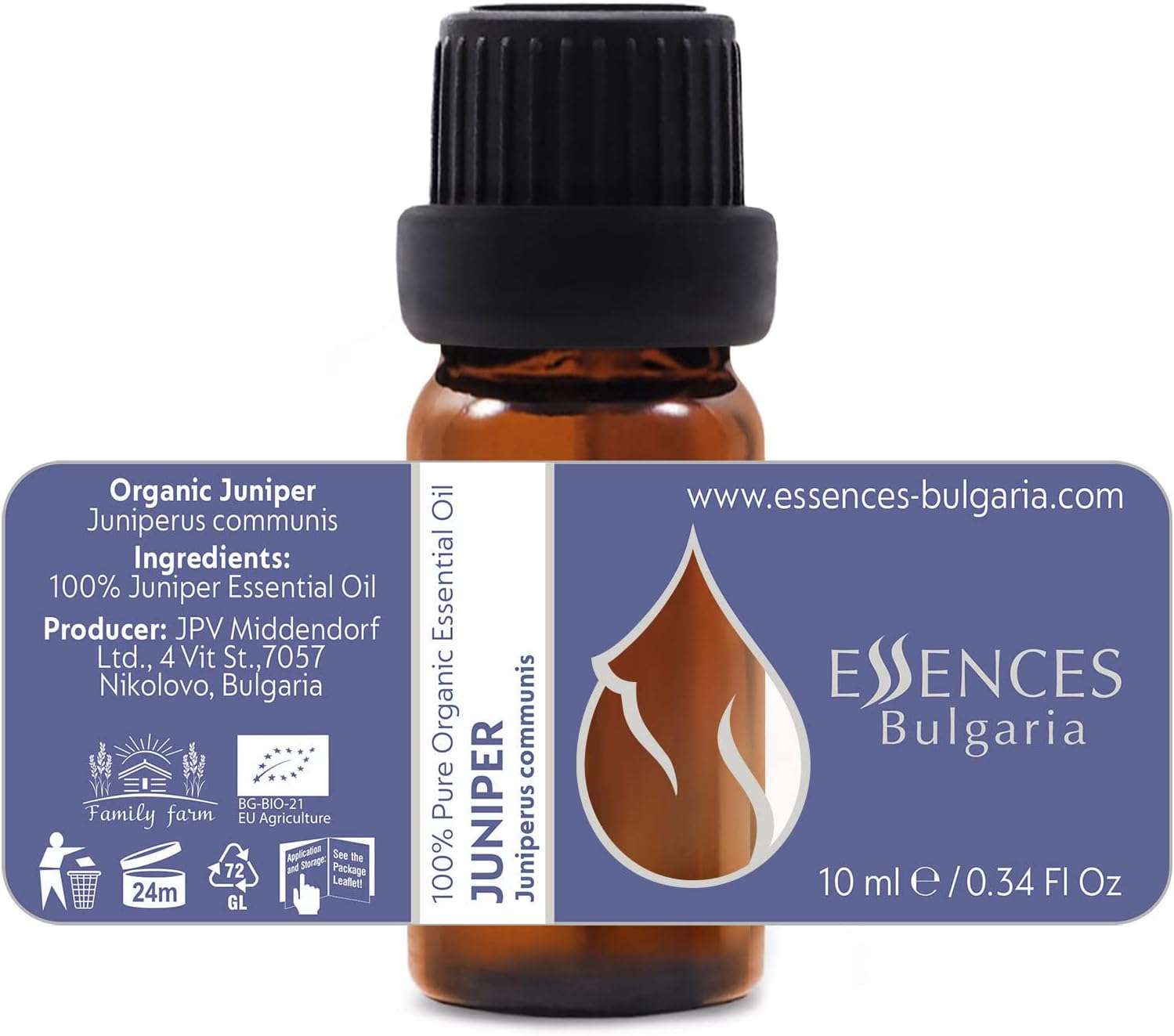 Essences Bulgaria Organic Juniper Essential Oil 1/3 Fl Oz | 10ml | Juniperus communis | 100% Pure and Natural | Undiluted | Therapeutic Grade | Family Owned Farm | Steam-Distilled | Non-GMO | Vegan