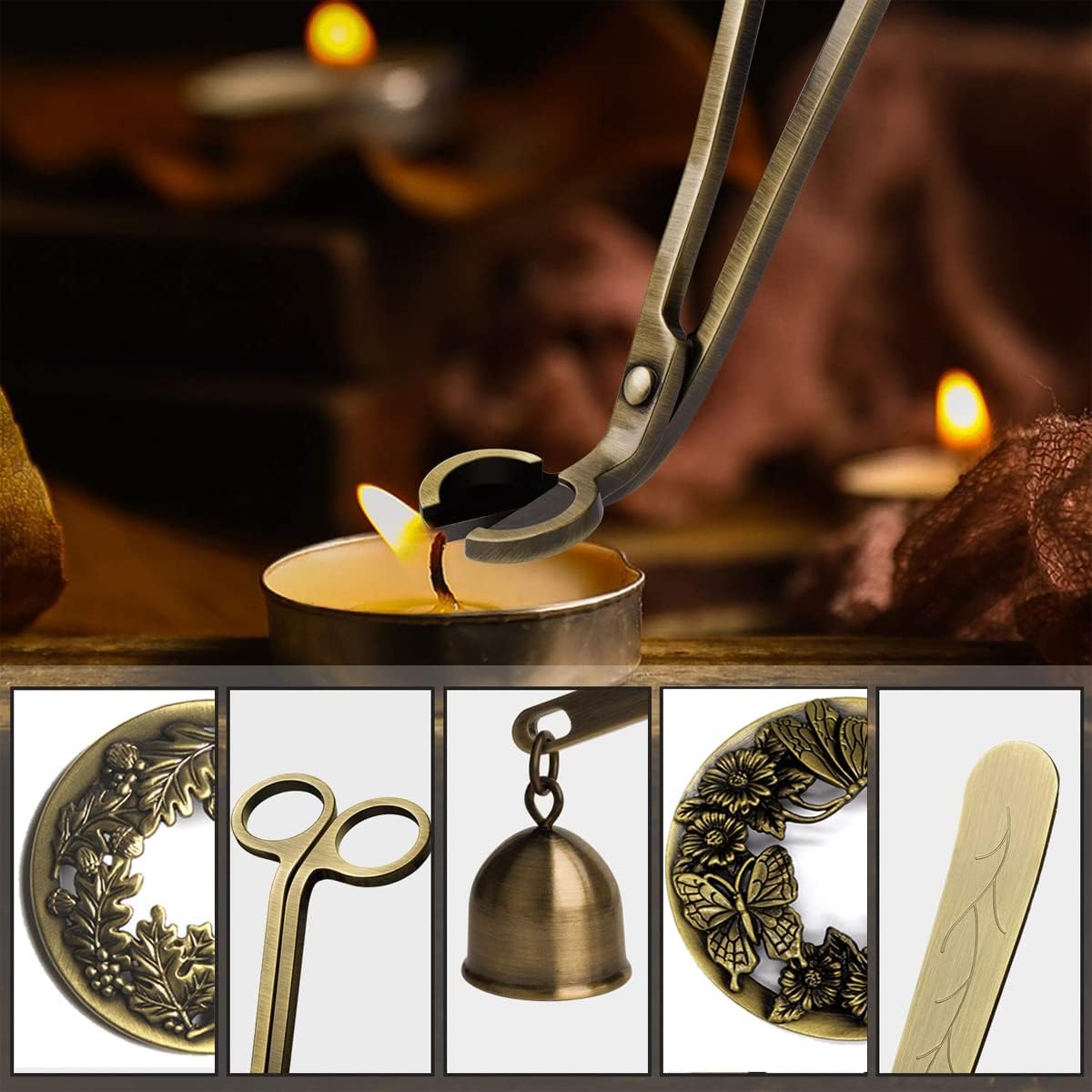 Candle Wick Trimmer, Wick Cutter with Sharp Angled Blades Candle Scissors for Candle Care, Brushed Stainless Steel in Elegant Bronze Fishing, Sturdy Antique Wick Trimmer