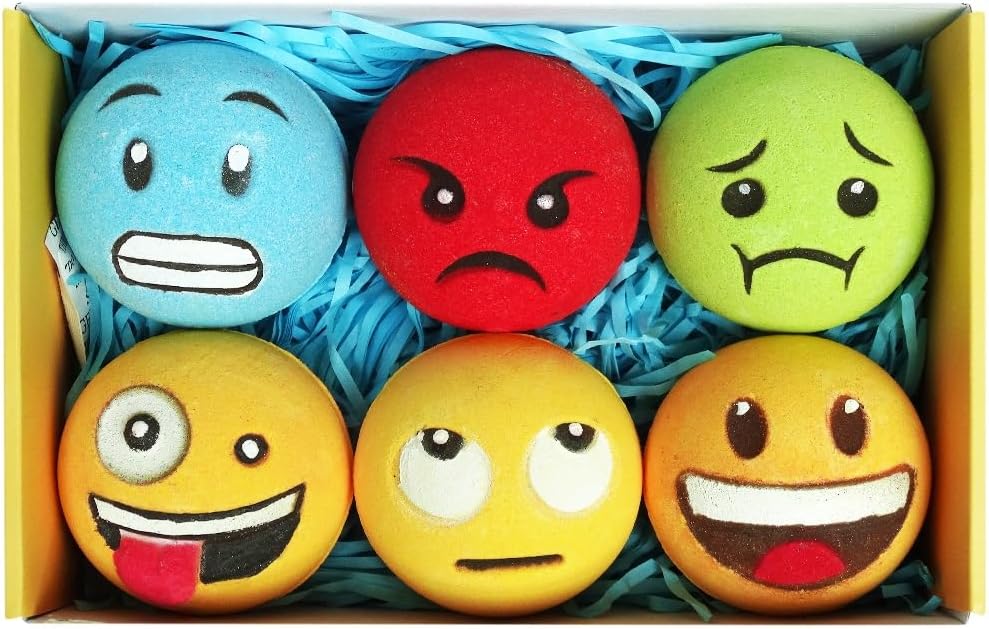 HZEX Large Emotion Face Bath Bombs Set of 6 – Fun Emoji-Inspired Spa Fizzies – Handmade with Shea Butter, Cocoa Butter & Essential Oils – Moisturizing Gift Set for Women, Men & Kids