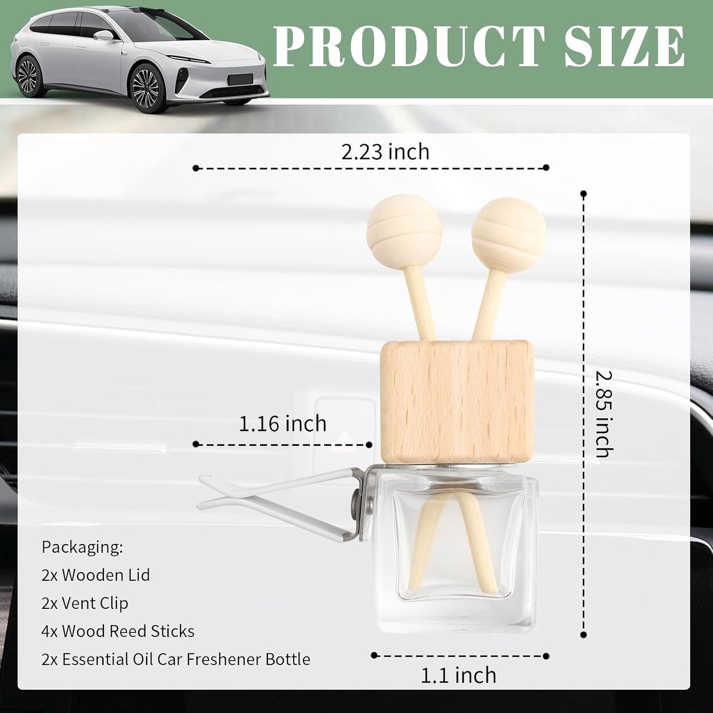 2PCS Car Diffuser Bottle with Vent Clip,Refillable Car Air Freshener with Wooden Lid and Stick,Transparent Empty Cars Diffuser Bottles as Cars Diffusers for Essential Oils
