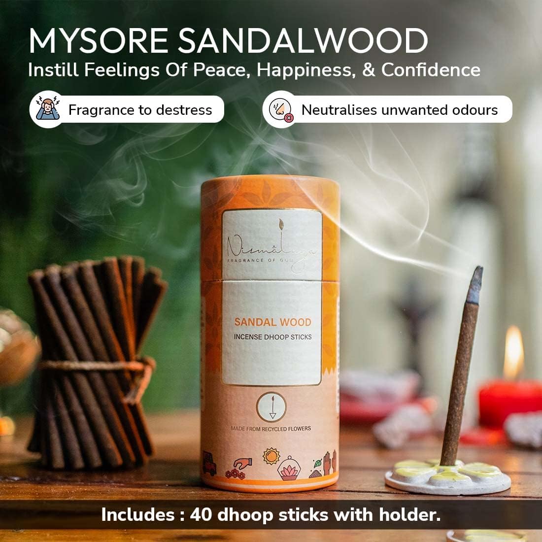 Nirmalaya Premium Sandalwood Dhoop Sticks (40 Sticks, 180g) | Bambooless Sticks, Charcoal Free Incense Sticks Made from Recycled Flowers | Long Lasting 25 Min Burn | for Pooja, Yoga & Meditation