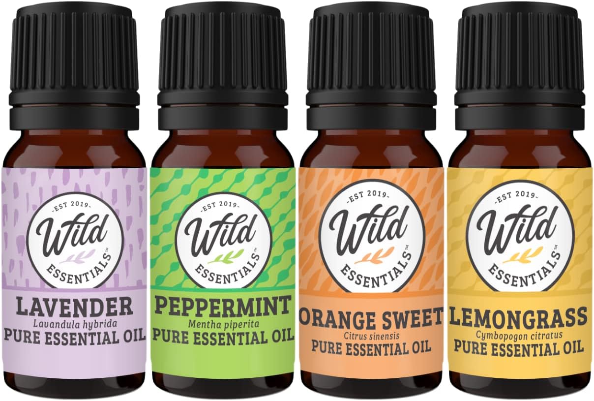 Wild Essentials 4-Piece 100% Pure Therapeutic Grade Essential Oil Sampler Set - Aromatherapy Gift Set - Includes Lavender, Peppermint, Lemongrass and Orange- 5ml Bottles