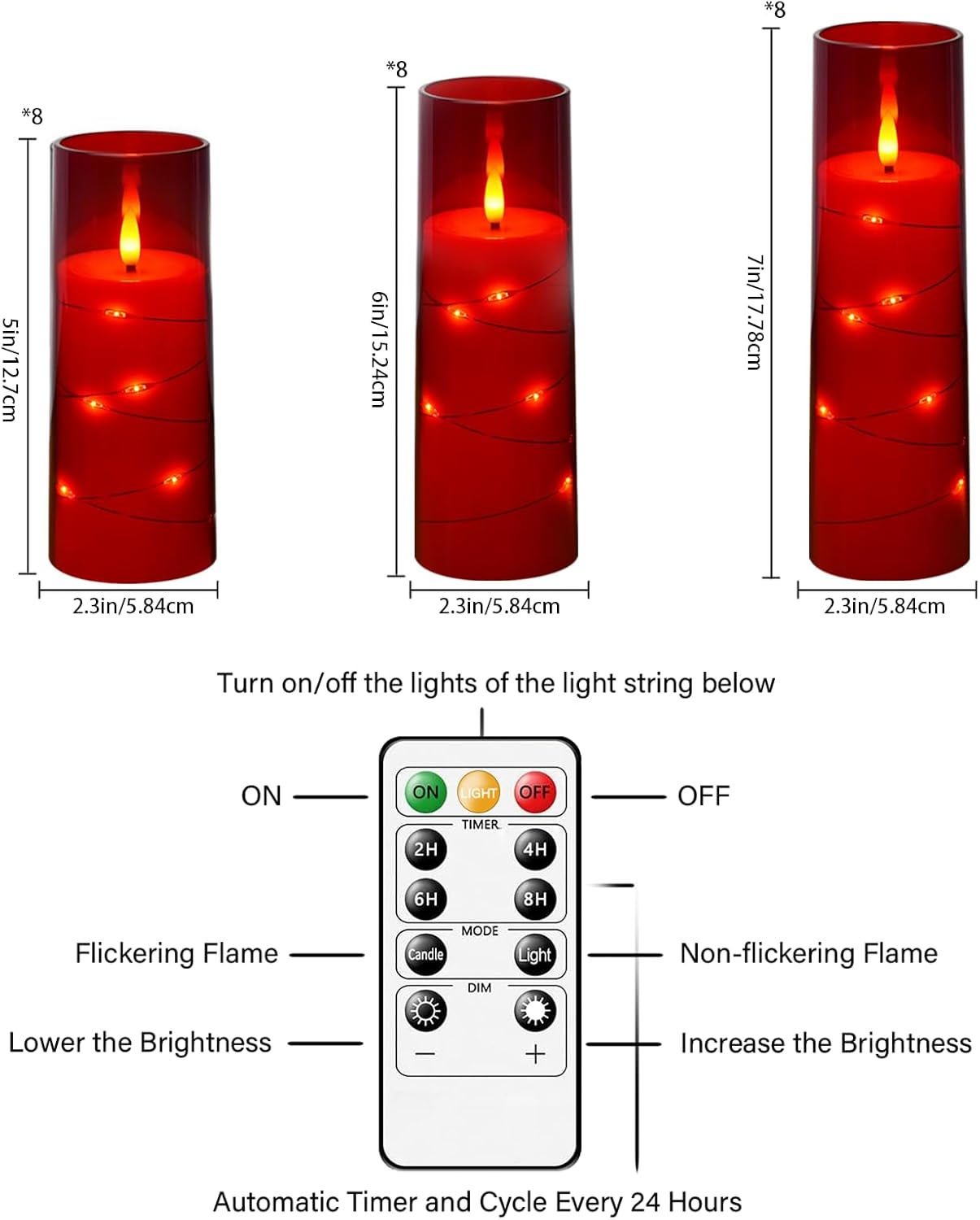 Nimiko Flickering Flameless LED Candles,Battery Operated Candles 24 Pcs with Embedded Star String,Acrylic LED Pillar Candles with Remote,Suitable for Home Decoration to Create an Atmosphere (Red)
