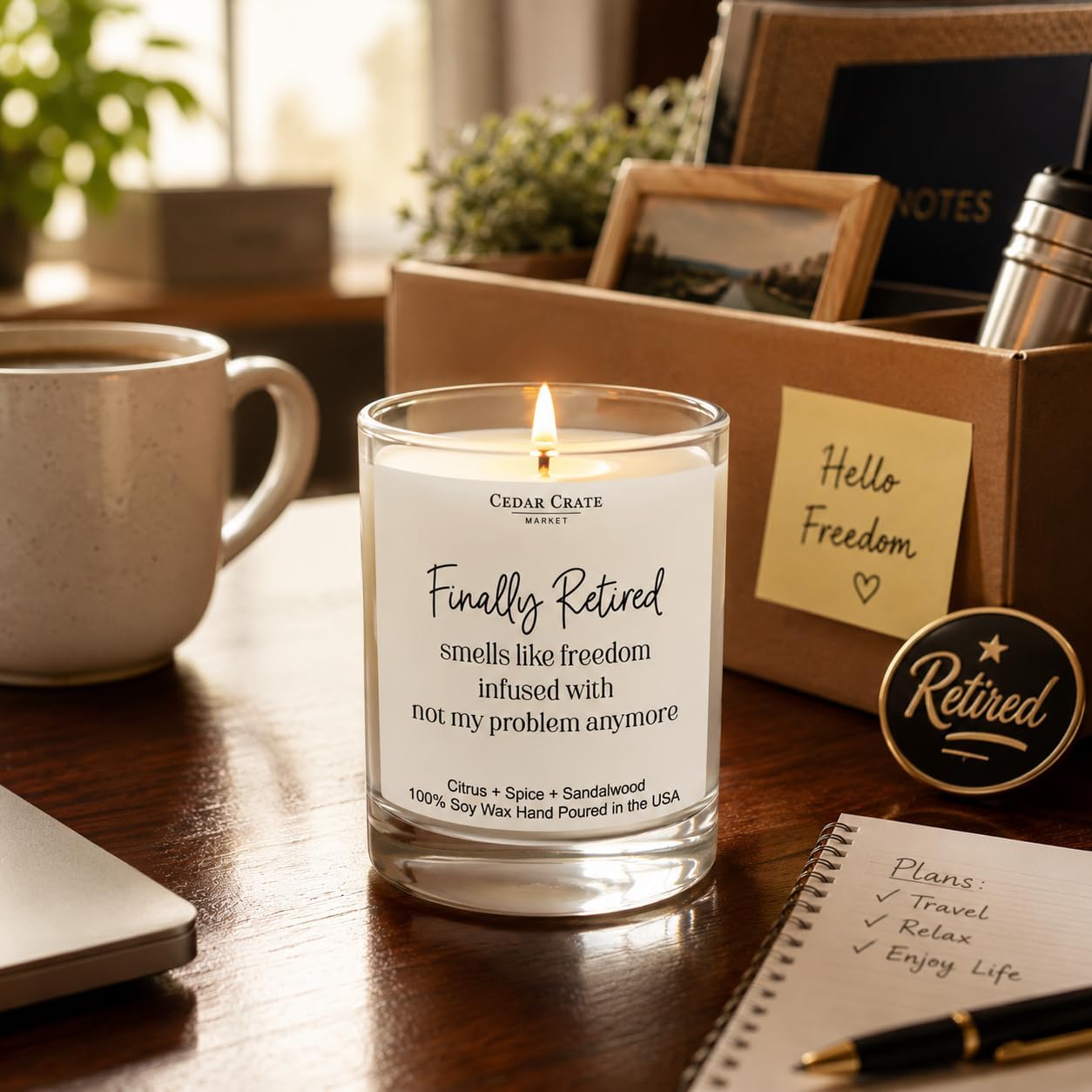 Cedar Crate Market - Retirement Gift for Woman, Men - Finally Retired Soy Wax Candle,Caribbean Retreat Scented, 60 Hours Burn, Eco-Friendly Glass Jar, Farewell Presents for Coworkers - Made in USA