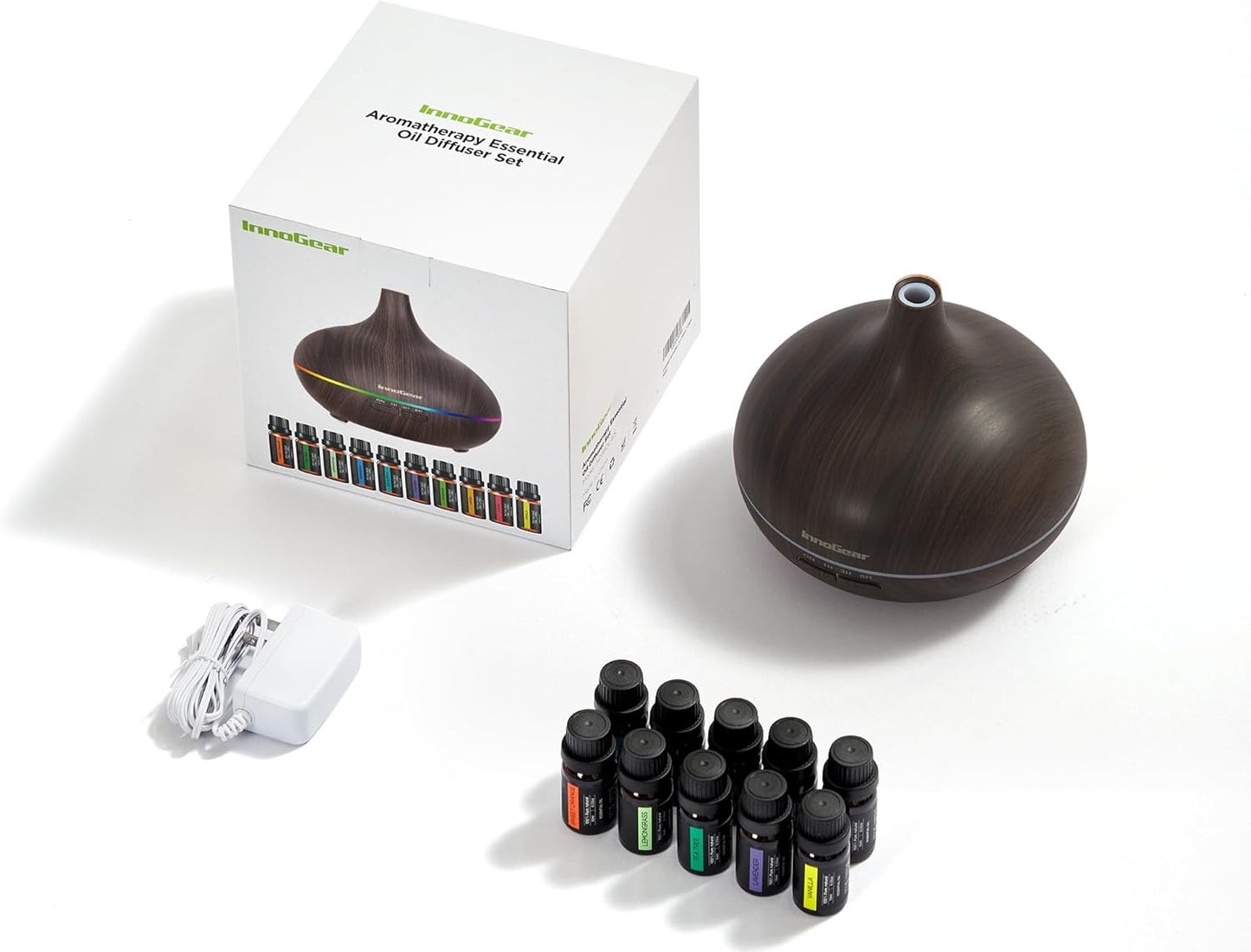 InnoGear Aromatherapy Diffuser & 10 Essential Oils Set, 400ml Diffuser Ultrasonic Diffusers for Home Cool Mist Humidifier with 4 Timers 7 Colors Light Waterless Auto Off, Dark Wood Grain