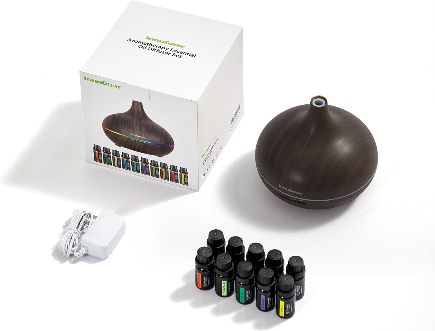 InnoGear Aromatherapy Diffuser & 10 Essential Oils Set, 400ml Diffuser Ultrasonic Diffusers for Home Cool Mist Humidifier with 4 Timers 7 Colors Light Waterless Auto Off, Dark Wood Grain