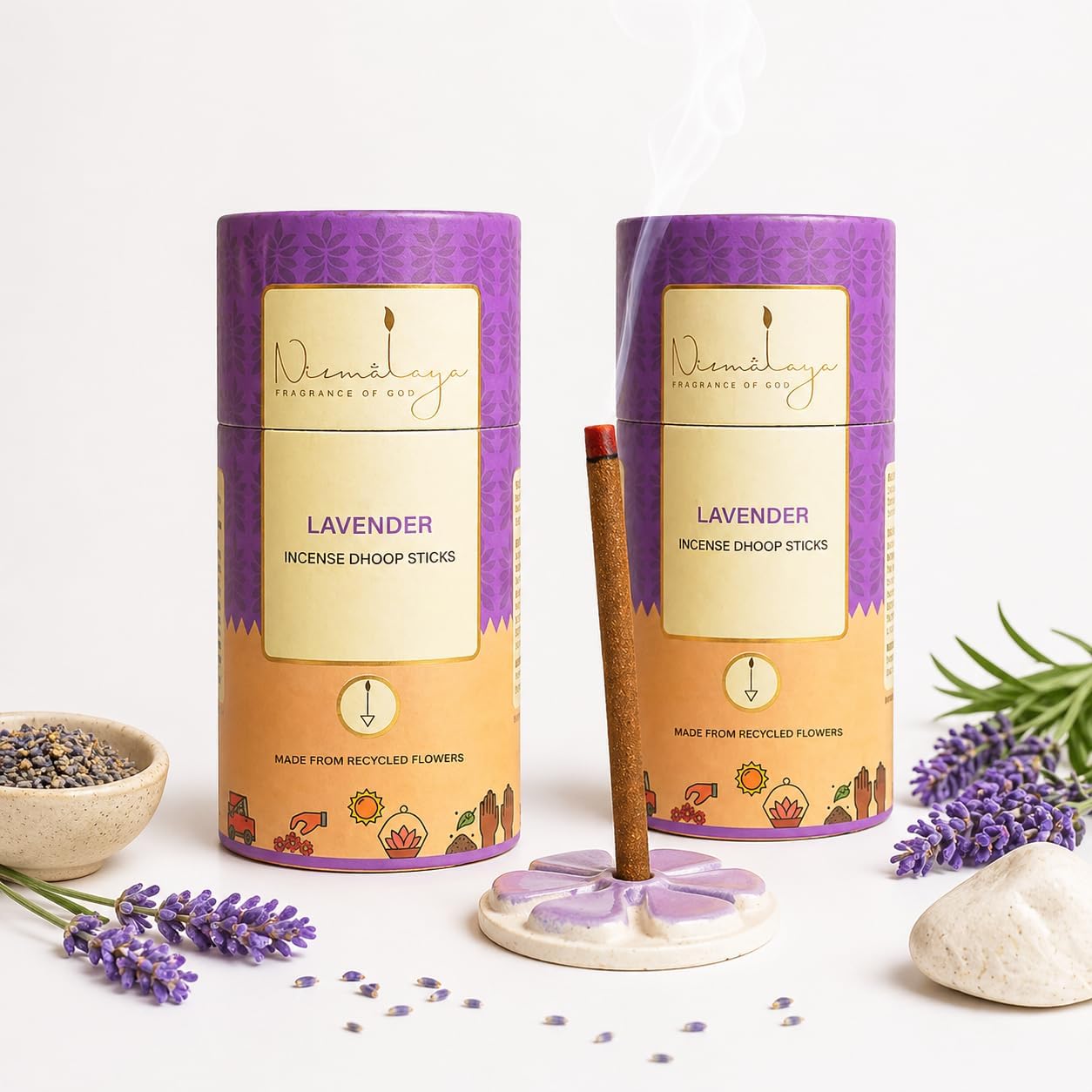 Nirmalaya Premium Lavender Dhoop Sticks Pack of 2, 180g | Bambooless Sticks, Charcoal Free Incense Sticks Made from Recycled Flowers | Long Lasting 25 Min Burn | for Pooja, Yoga, Meditation