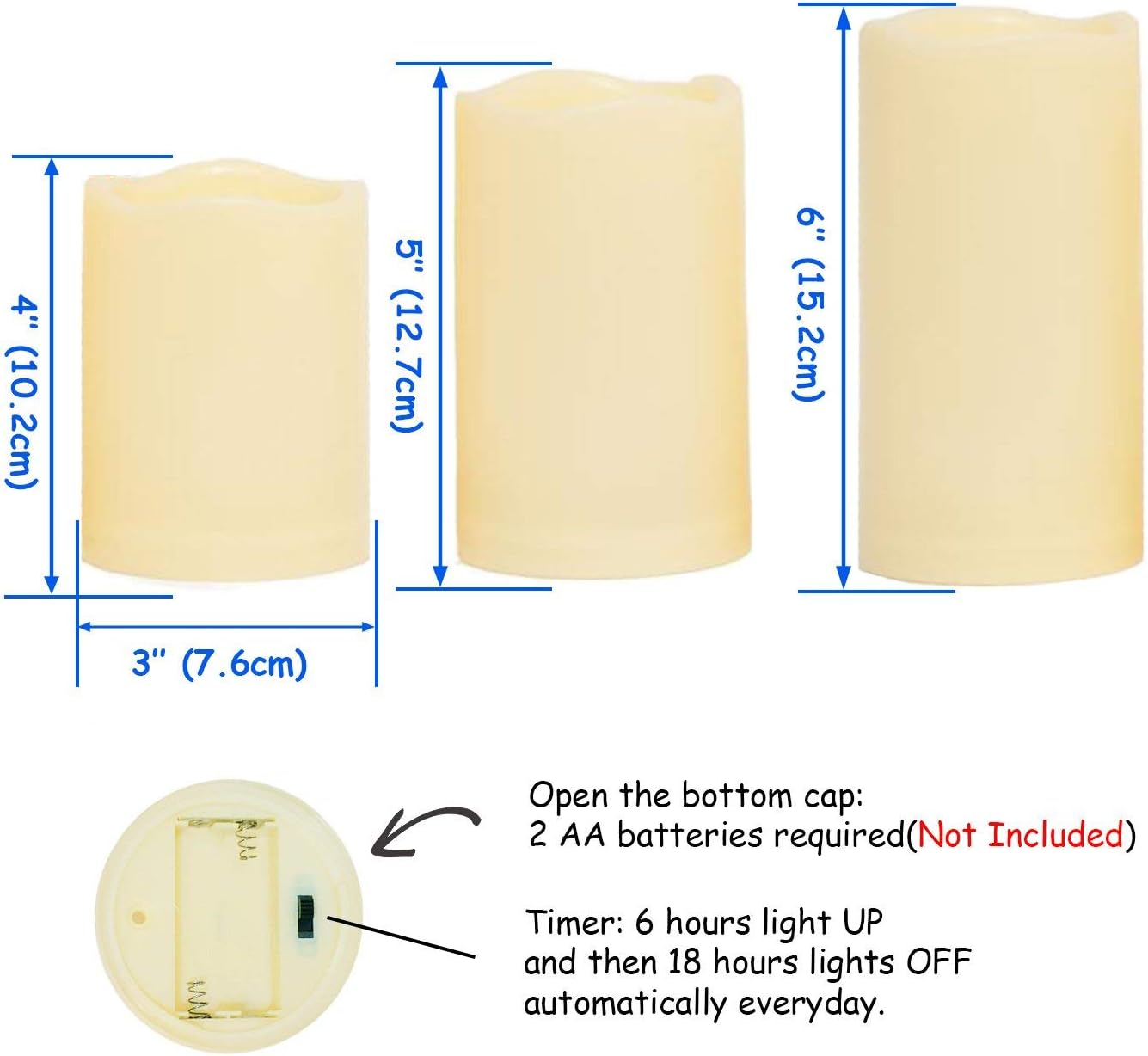 3PCS 4" 5" 6" Waterproof LED Flameless Timer Candles, 1000 Hours Long Battery Life/Flickering Battery Operated Electric Outdoor LED Large Pillar Candle for Outside Lantern Festival Decor etc.