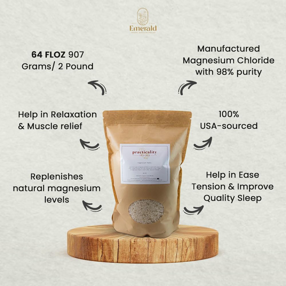 Practicality Pure Magnesium Flakes | Magnesium Salts for Bath | 100% Natural USA-Sourced and Manufactured Magnesium Chloride - Great for Foot & Body, Better Absorption Over Epsom Salt| 64 FLOZ | 1 Pc