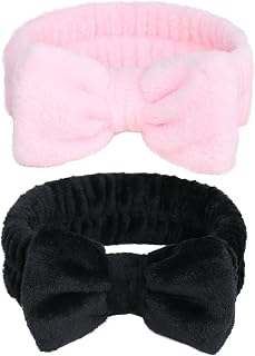 Headband for Washing Face, Spa Makeup Skincare Headbands for Women, 2pcs Bowknot Hair Bands (Black+Pink)