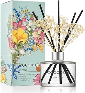 COCODOR Flower Reed Diffuser Set / 6.7oz / Clean Linen/Scent Diffuser with Sticks Home Fragrance Reed Diffuser for Bathroom Shelf Decor