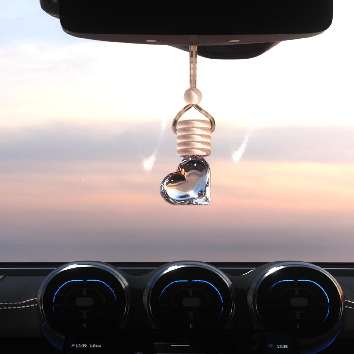 5PCS Hanging Car Air Freshener, Auto Interior Decoration 8 ml Oil Diffuser Perfume Aromatherapy Pendant Empty Glass Bottle, Fragrance Ornament with Vent Clip Wooden Cap and Rope (Heart)