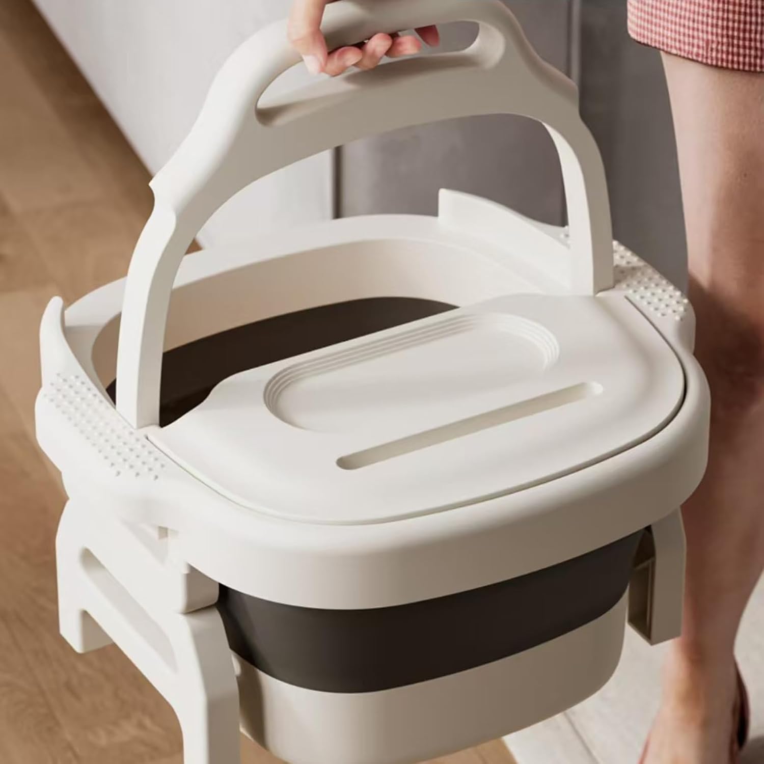Collapsible Folding Foot Basin for Soaking Feet - Insulated Foot Bath Tub, Portable with Massage Nodes, Stable Support Legs & Lid (Sage Green/Light Gray) (White)