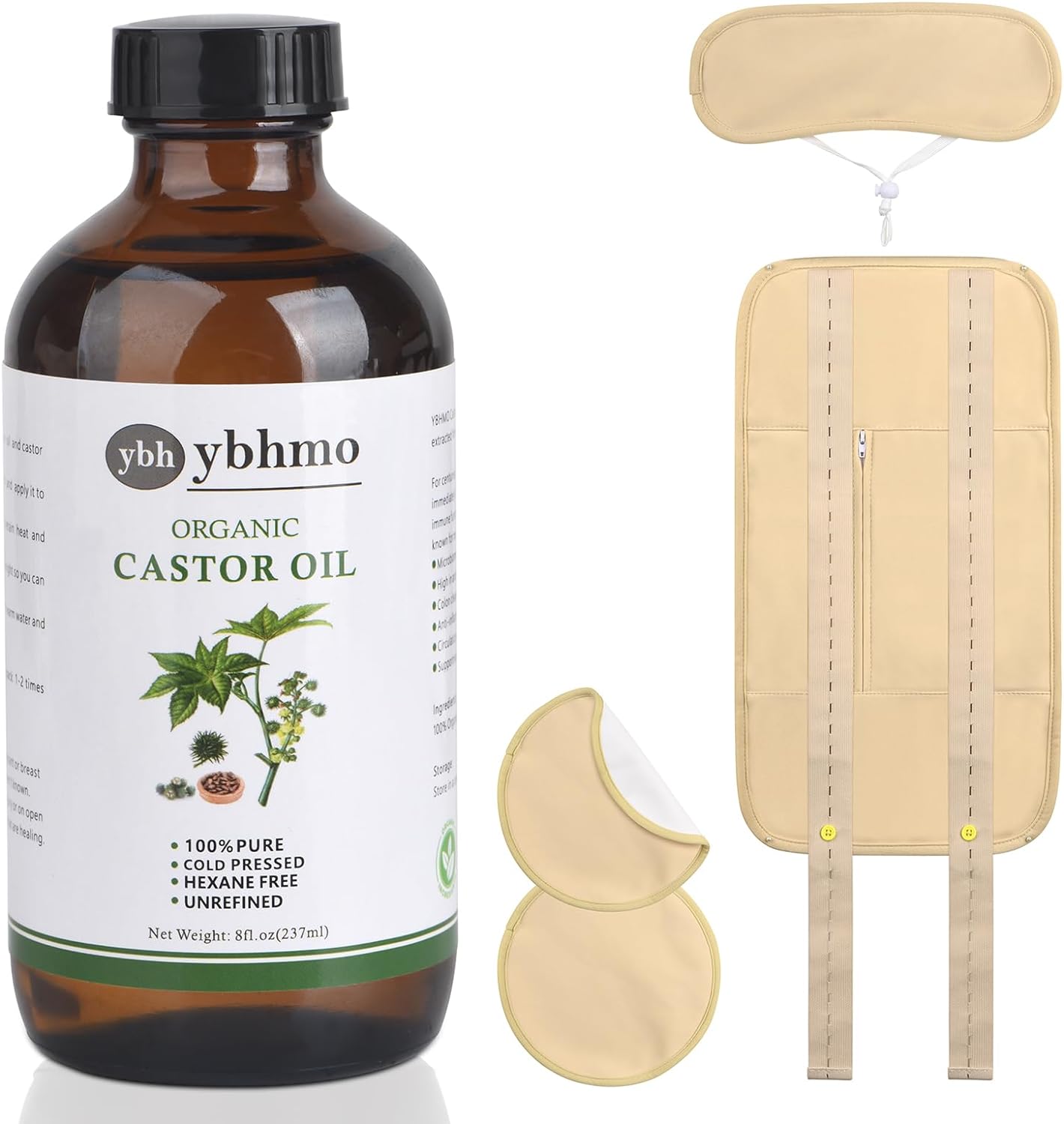 Organic Castor Oil Cold Pressed Glass Bottle((8fl.oz/237ml), Castor Oil Pack Wrap Organic Cotton Reusable for Neck, Chest & Abdomen