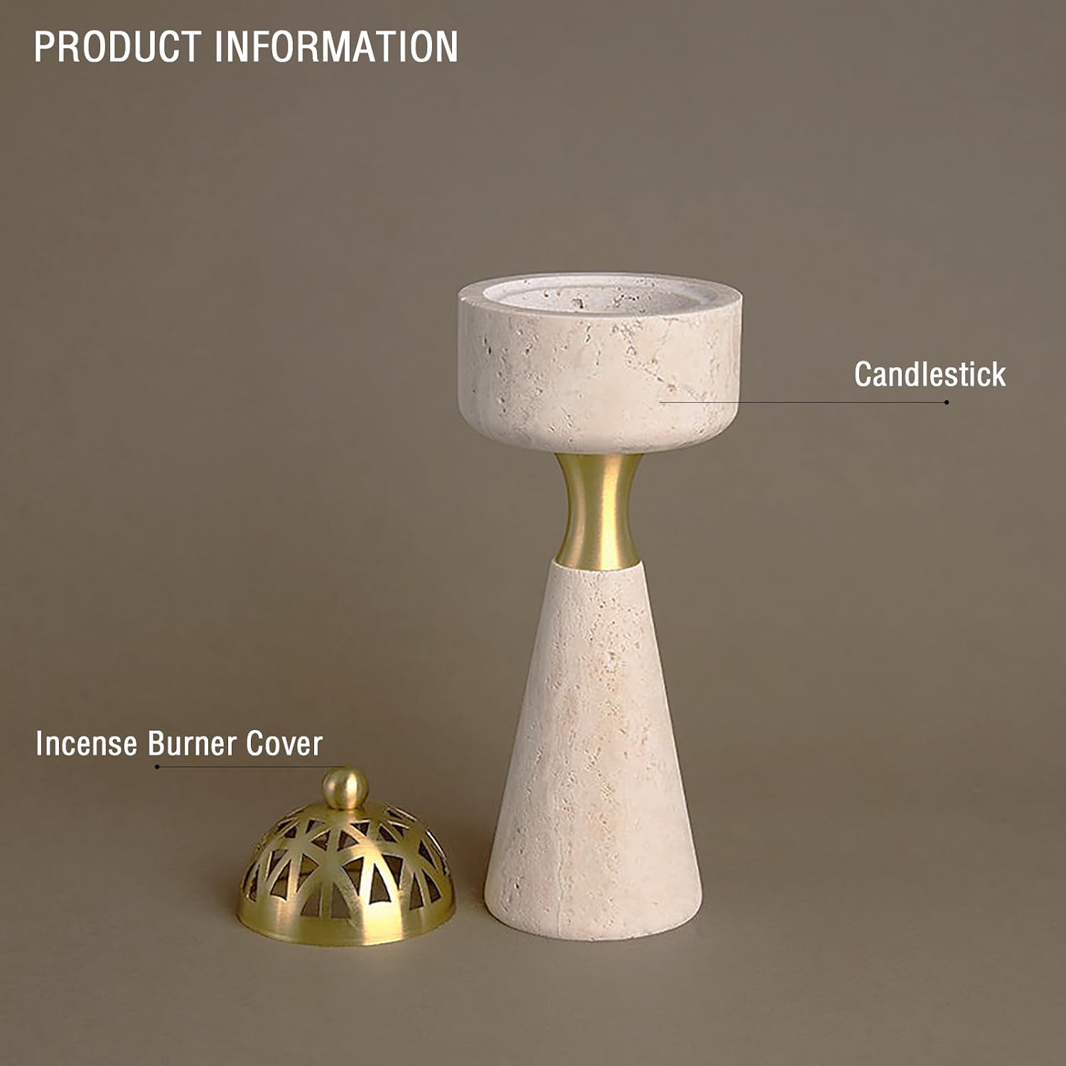 Marble Incense Burner with Brass Cover, 11 x 3.8 inches, Multi-Purpose Holder for Cones, Coils and Sticks (White)