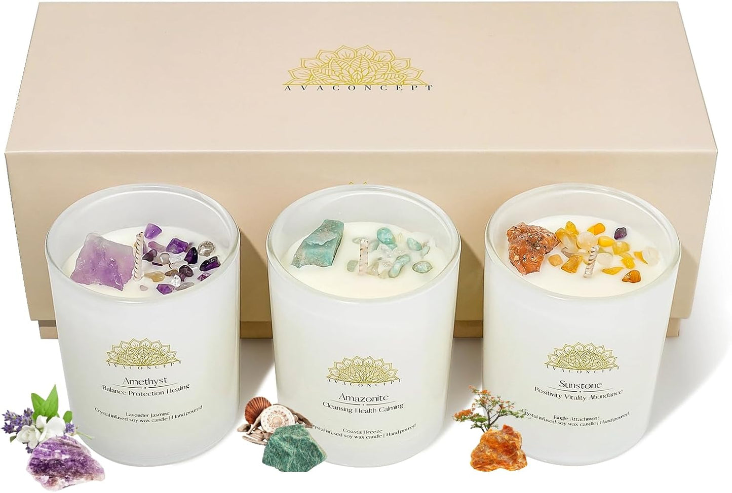 AvaConcept Healing Crystal Candle Gift Set – Set of 3 Amethyst, Amazonite & Sunstone Hand-Poured Soy Wax Lavender Jasmine, Coastal Breeze & Jungle Attachment Aromatherapy 3.5oz Each | Premium Gift Box