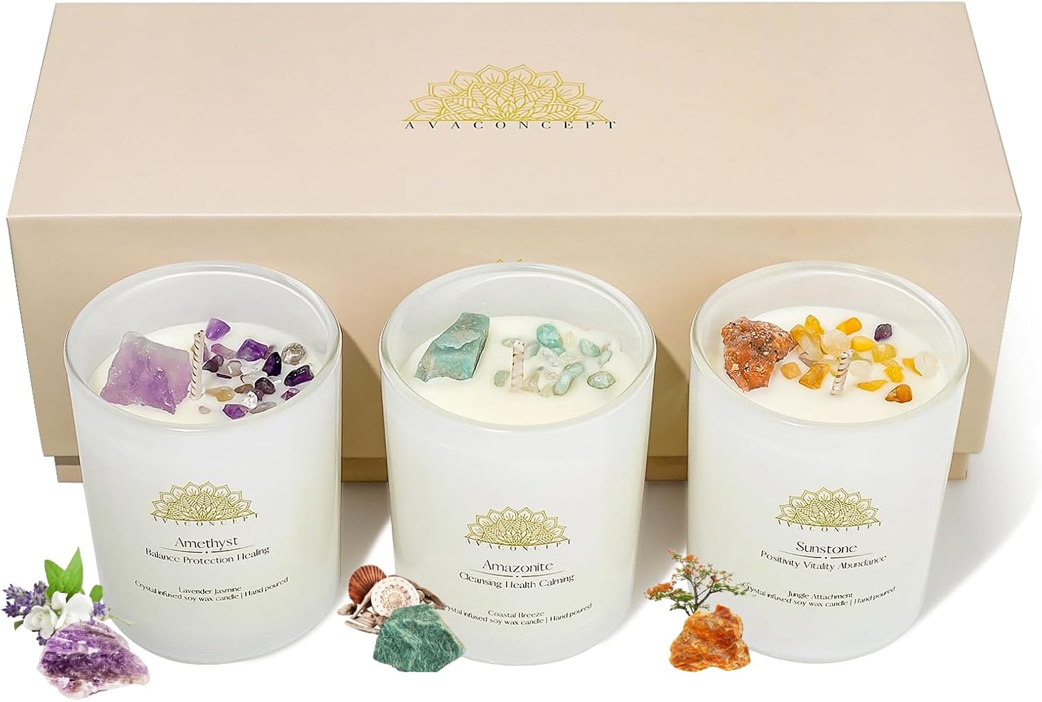 AvaConcept Healing Crystal Candle Gift Set – Set of 3 Amethyst, Amazonite & Sunstone Hand-Poured Soy Wax Lavender Jasmine, Coastal Breeze & Jungle Attachment Aromatherapy 3.5oz Each | Premium Gift Box