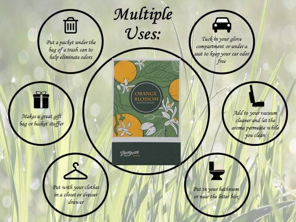 Orange Blossom Scented Sachets Pack of 3, Spring and Summer - Long-Lasting Scented Bags, Home Fragrance, Air Freshener & Deodorizer for Closet, Room, Drawer, or Cars, Made in USA