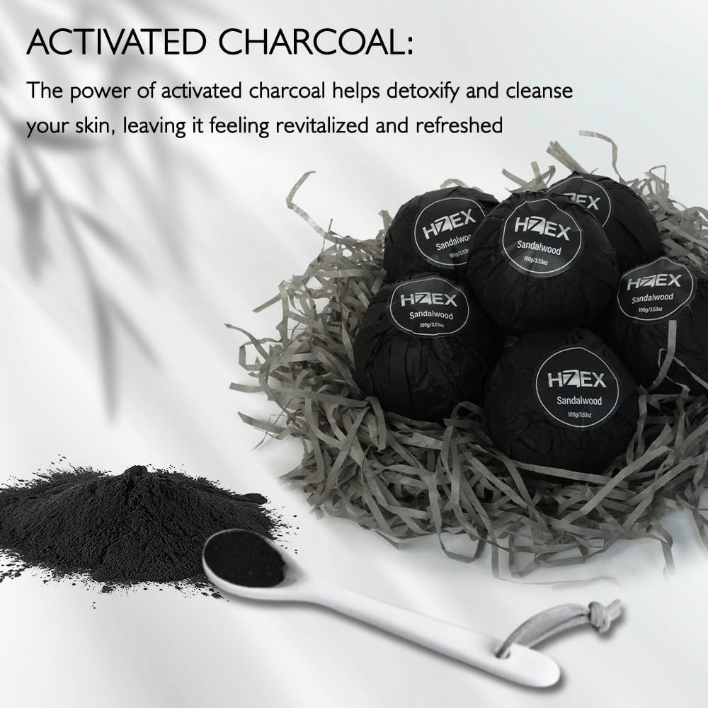 HZEX Charcoal Activated Bath Bombs for Men – Detox with Handmade Organic 6 Pack Bath Bomb Set, up to 3 Scents (Sandalwood, Bergamot, Ocean), Individually Wrapped (Sandalwood)