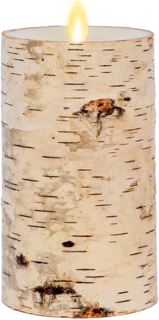 Luminara Real Birch Bark Wrapped Flameless LED Candle, 3.5" x 6.5", Battery Operated Moving Flame Pillar Light with Timer - Natural Decor Unscented