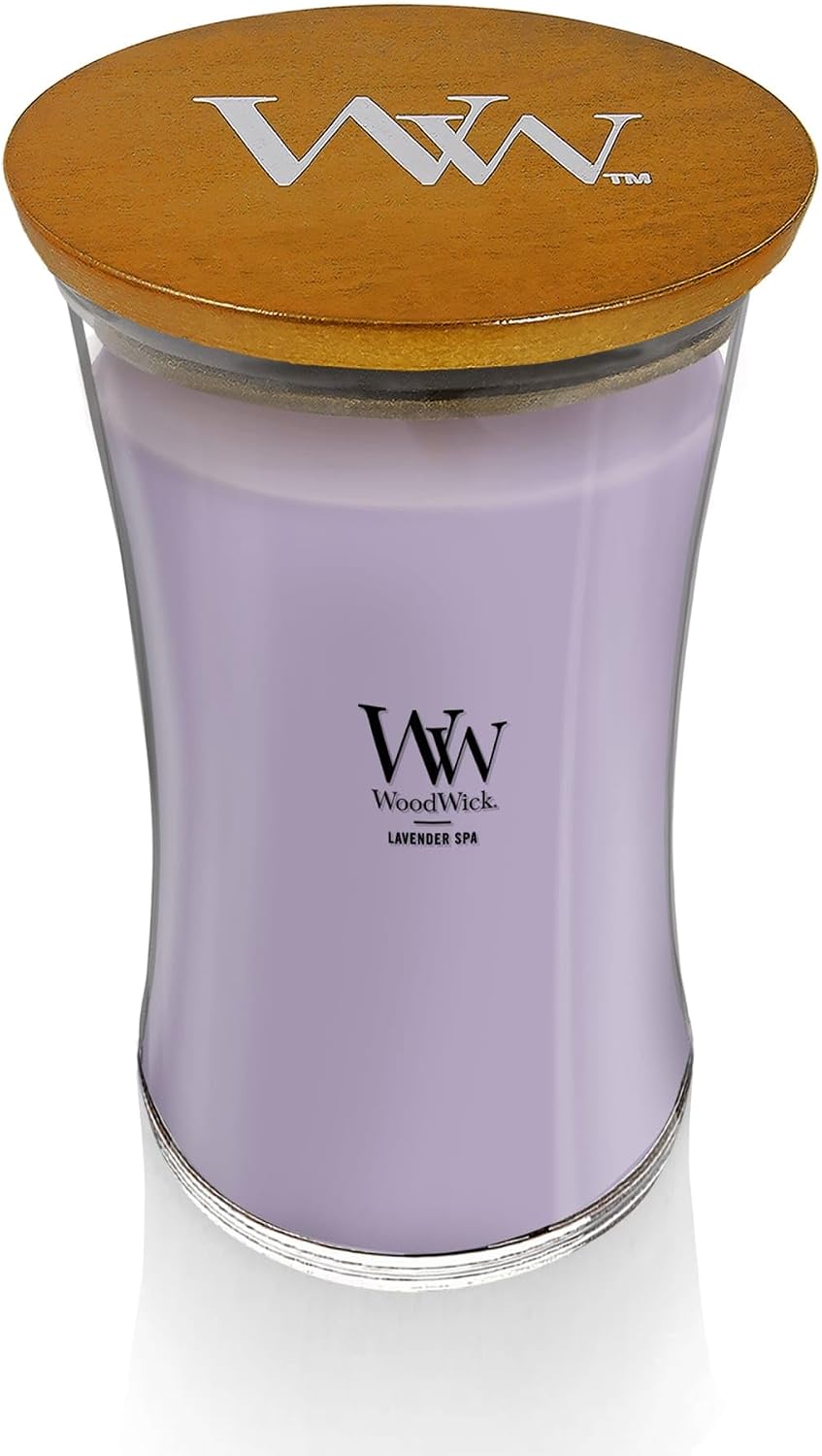 WoodWick Lavender Spa Gifts for Women and Men, 21.5 oz Large Hourglass Candle with Crackling Wick