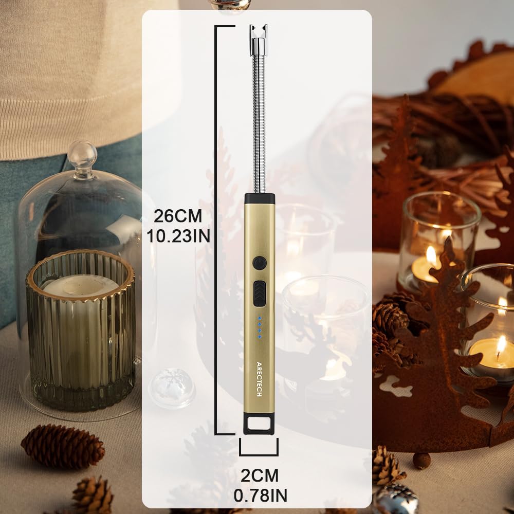 ARECTECH Candle Electric Lighter Rechargeable USB Arc Lighter for Candle Camping Fireworks Christmas Birthday Gifts with LED Light for Men Women Gold