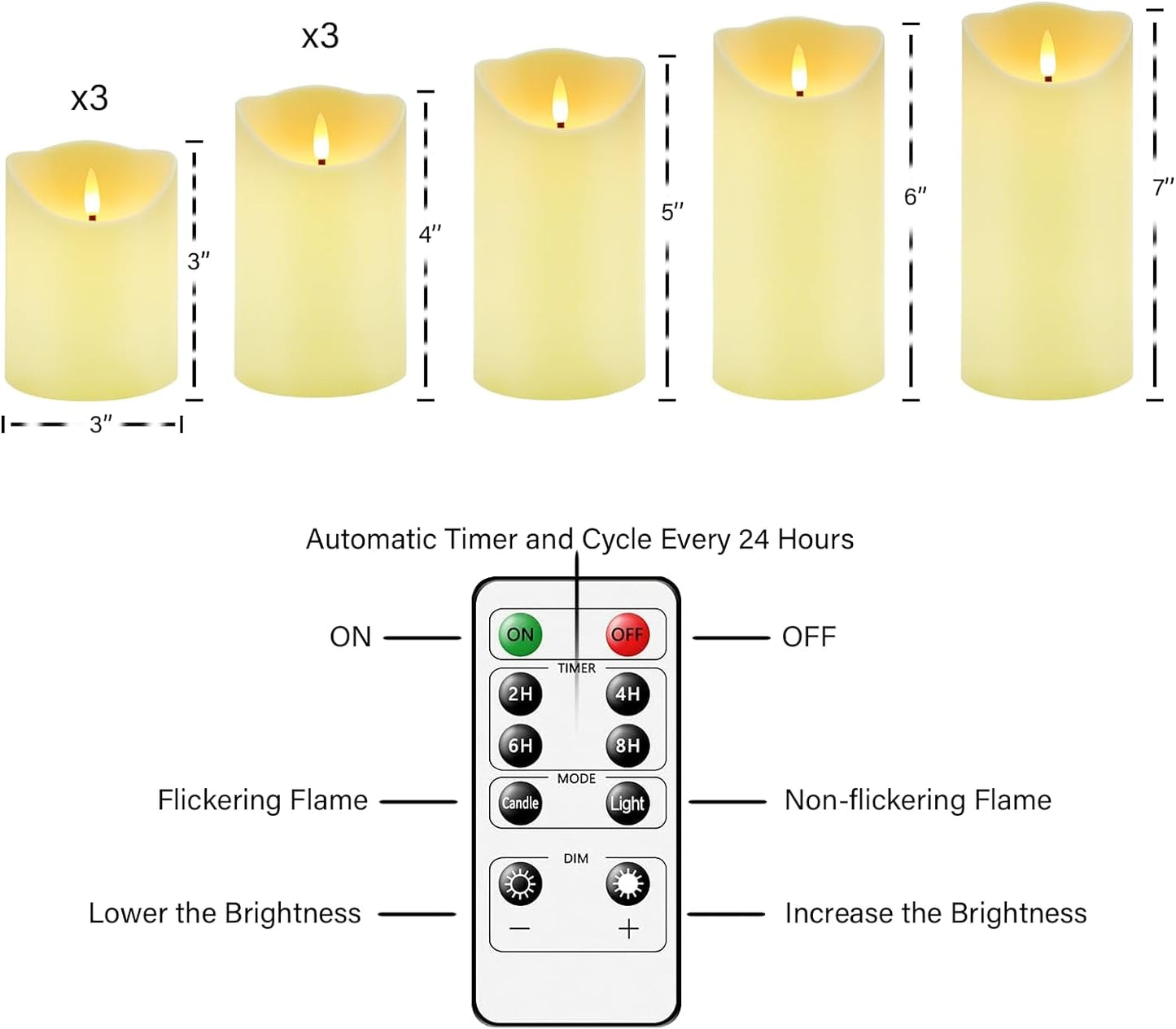 Nimiko Flameless Candles with Remote, Battery Operated Flickering Flameless Candles, LED Candles with Timer 2/4/6/8H, with Realistic LED Candles Set of 9 (D3 x H 3" 4" 5" 6" 7") (Ivory)
