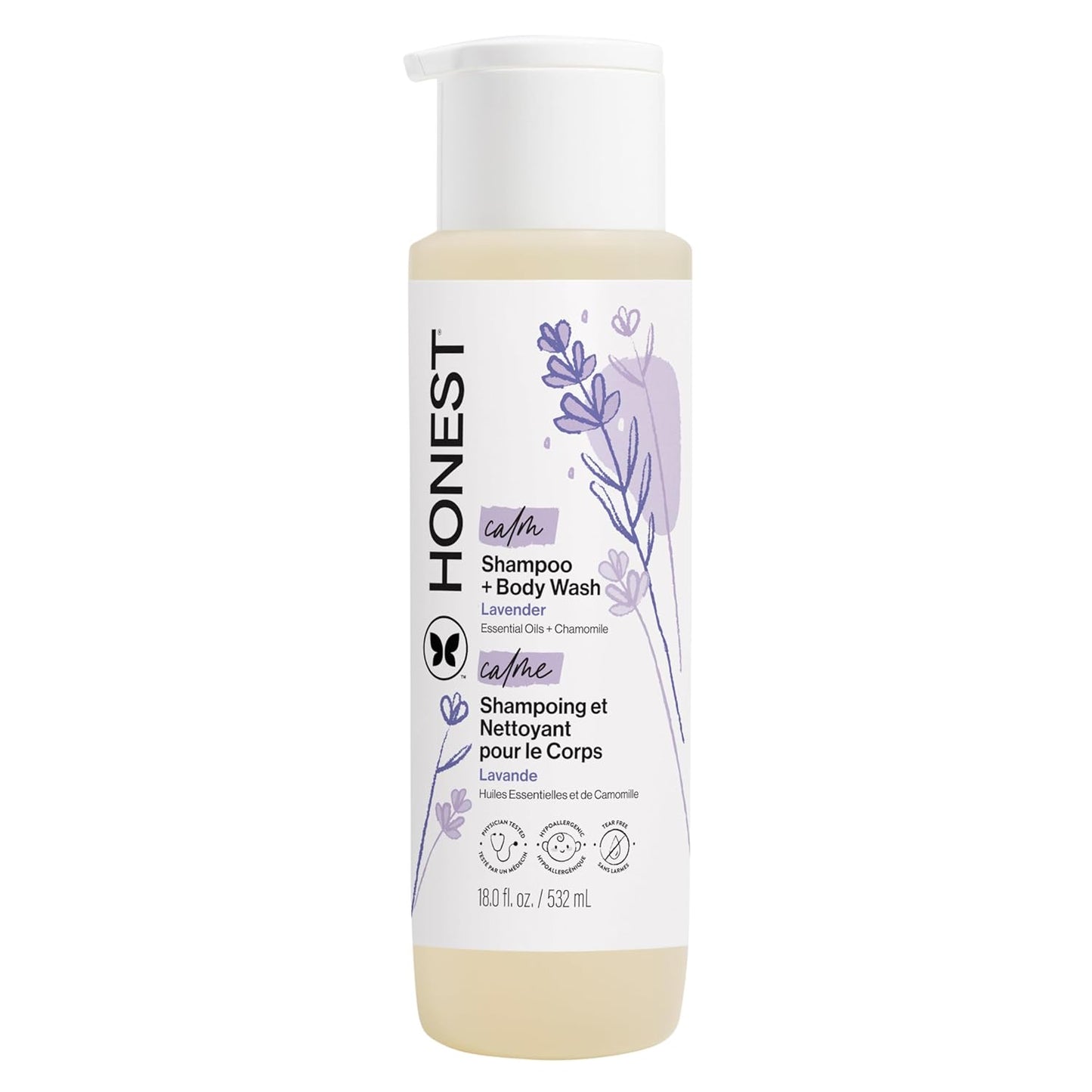 The Honest Company 2-in-1 Cleansing Shampoo Body Wash Gentle for Baby, Naturally Derived, Tear-free, Hypoallergenic, Lavender Calm, 18 fl oz