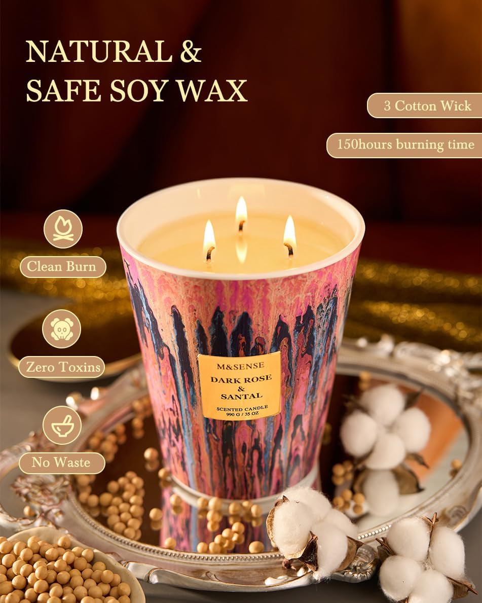 M&SENSE 3-Wick Dark Rose Large Soy Scented Candle, 35oz | 150H Burn Time, Non-Toxic, Luxury Summer Floral Aroma, Romantic Present for Women