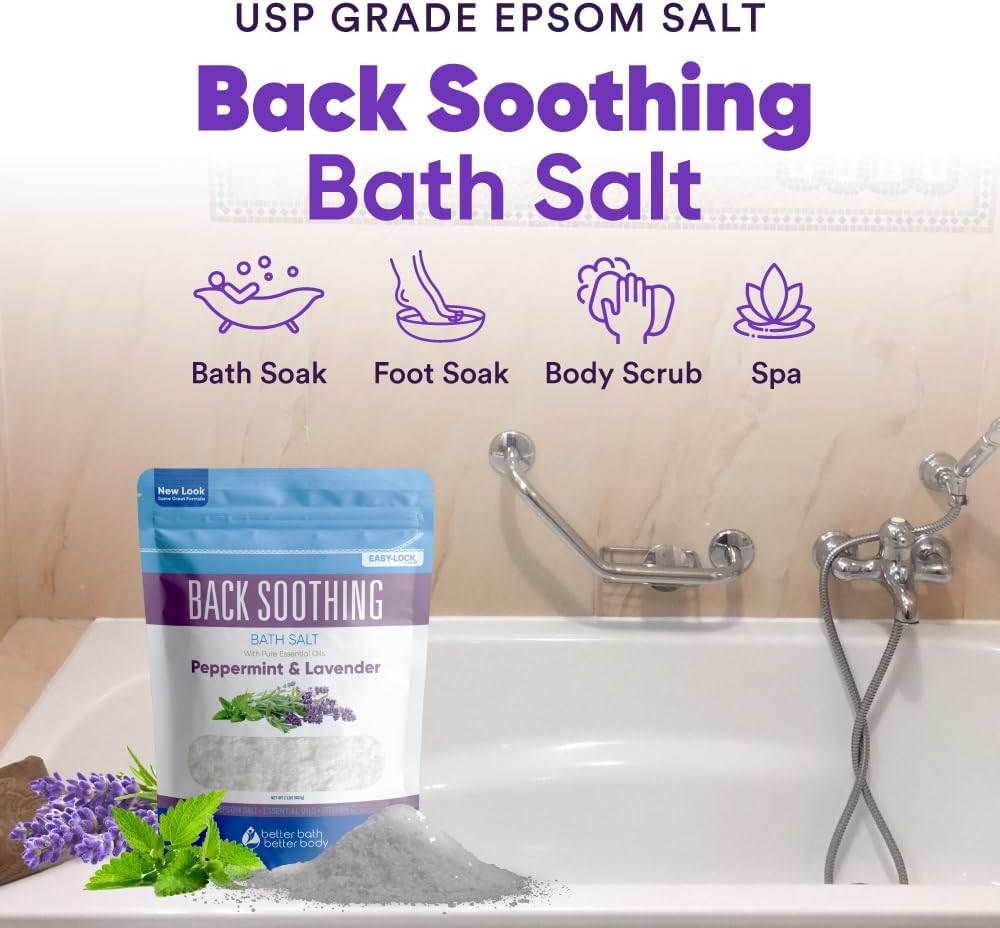 Back Soothing Bath Salt 32 Ounces Epsom Salt with Natural Bergamot, Lavender, Eucalyptus and Peppermint Essential Oils Plus Vitamin C in BPA Free Pouch with Easy Press-Lock Seal