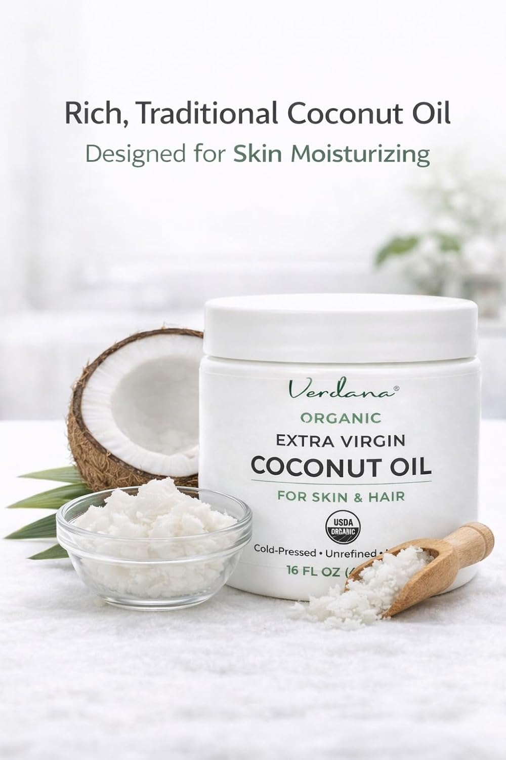 Verdana Organic Coconut Oil for Skin & Hair, Extra Virgin Unrefined Cold Pressed, Rich Moisturizer for Dry Skin & Body, USDA Organic, 16 fl oz Jar