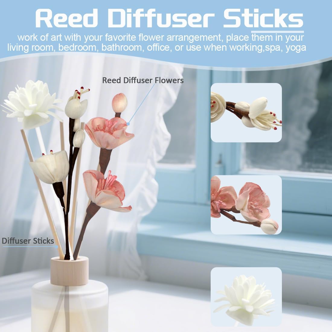 16 Pcs Reed Diffuser Sticks, Natural Rattan Hand Made Flower Reed Fragrance Diffuser Set, Reed Fragrance Diffuser Flowers Refill Replacement Sticks, House Bedroom Office Decor