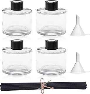 4PCS Fragrance Glass Diffuser Bottles, Refillable Diffuser Bottles with 20pcs Reeds Sticks & Black Caps & Funnel, Diffuser Jars for Home Oil Fragrance Decoration Girl Women Gift (100ML)