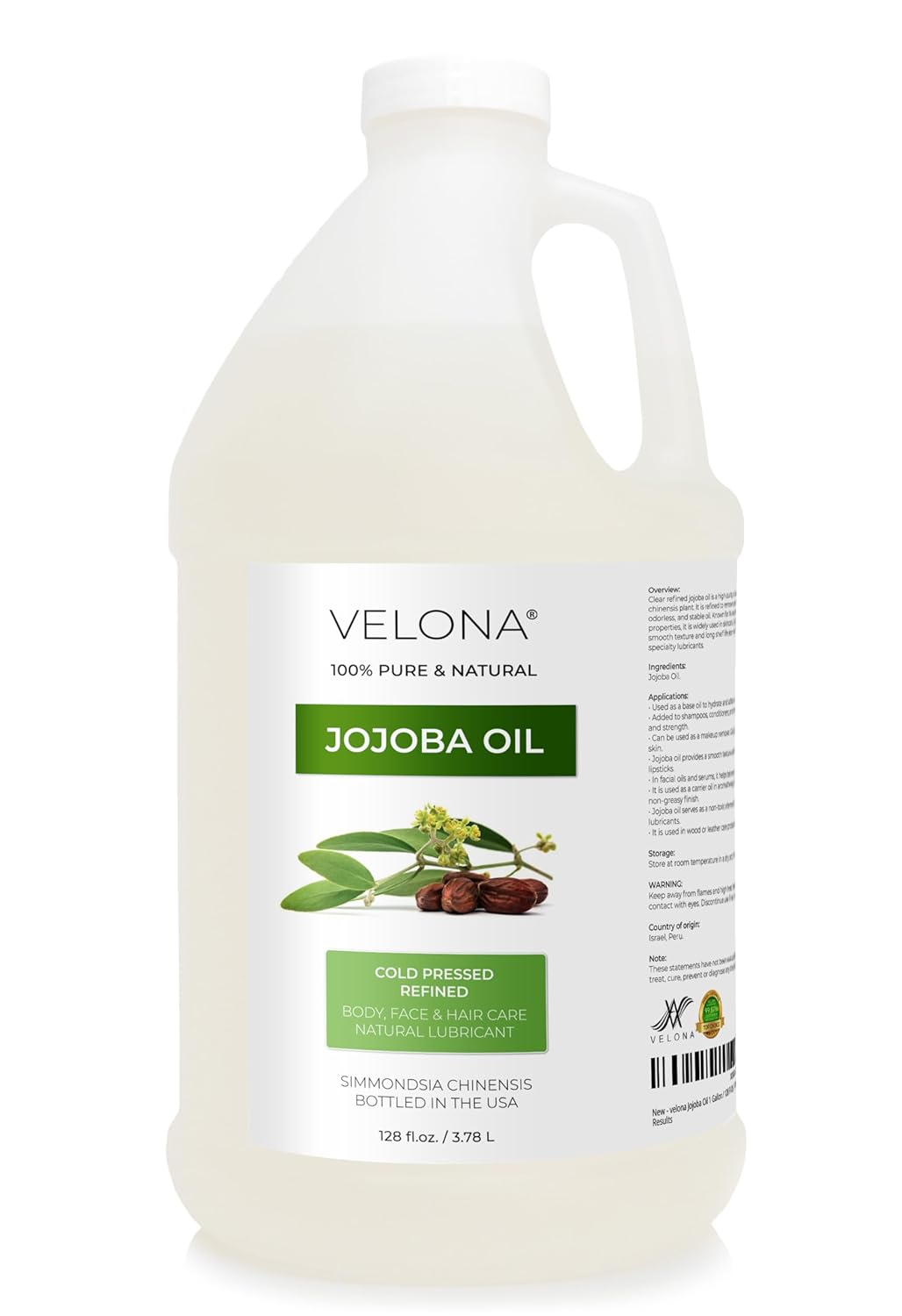 velona Jojoba Colorless Oil 1 Gallon / 128 Fl Oz | 100% Pure and Natural Carrier Oil | Clear, Refined, Cold Pressed | Moisturizing Face, Hair, Body and Skin Care | Use Today - Enjoy Results