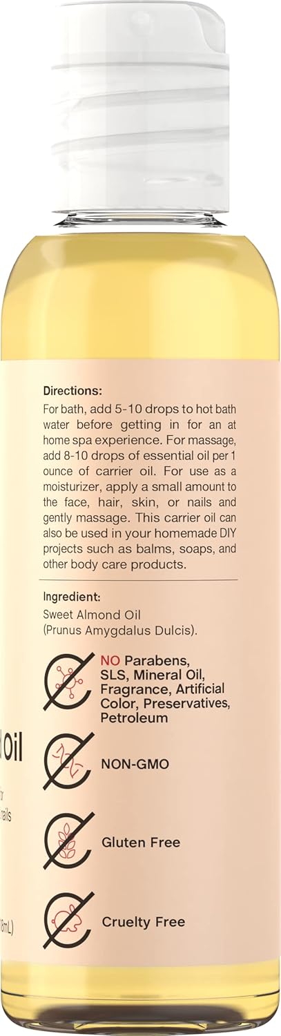 Coera Sweet Almond Oil | 4 fl oz | For Hair, Skin, Face, and Body | Cold Pressed & Hexane Free | Free of Parabens, SLS, & Fragrances