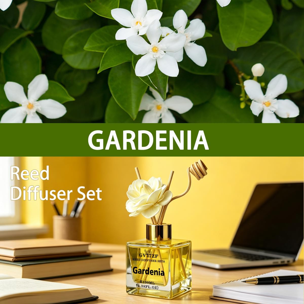 Gardenia Reed Diffuser – 3.38 oz Glass Bottle with Rattan Sticks & Dried Flowers, Rich White Floral Scent for Home, Adjustable Intensity Aroma Gift for Women, Housewarming, Mom