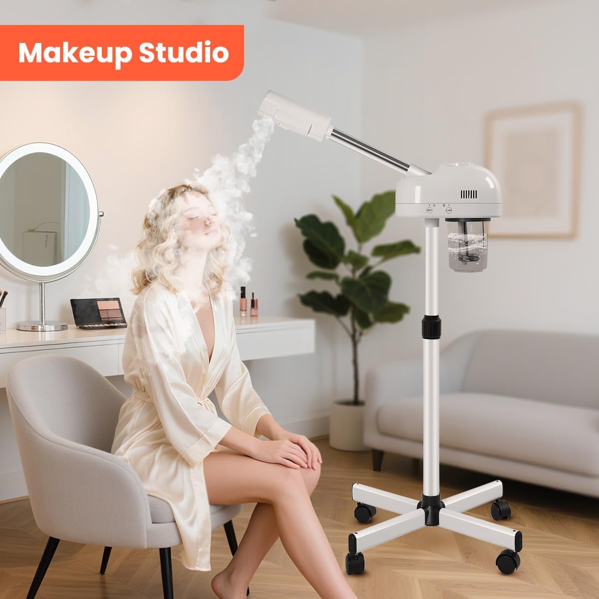 TASALON Professional Facial Steamer, Hot Mist Spray, Vaporizador Facial Steamer for Esthetician, Height Adjustable, SPA at Home, White