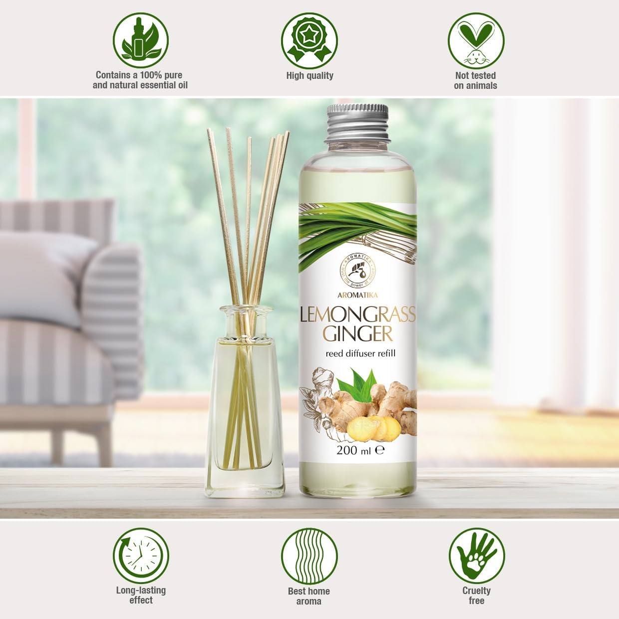 Reed Diffuser Refill Lemongrass-Ginger 6.8Fl Oz - Aroma Diffuser Refill with Essential Ginger Oil - Fragrance Diffuser - Spicy and Fresh Fragrance - Natural Fragrance - Aromatherapy - Air Freshener