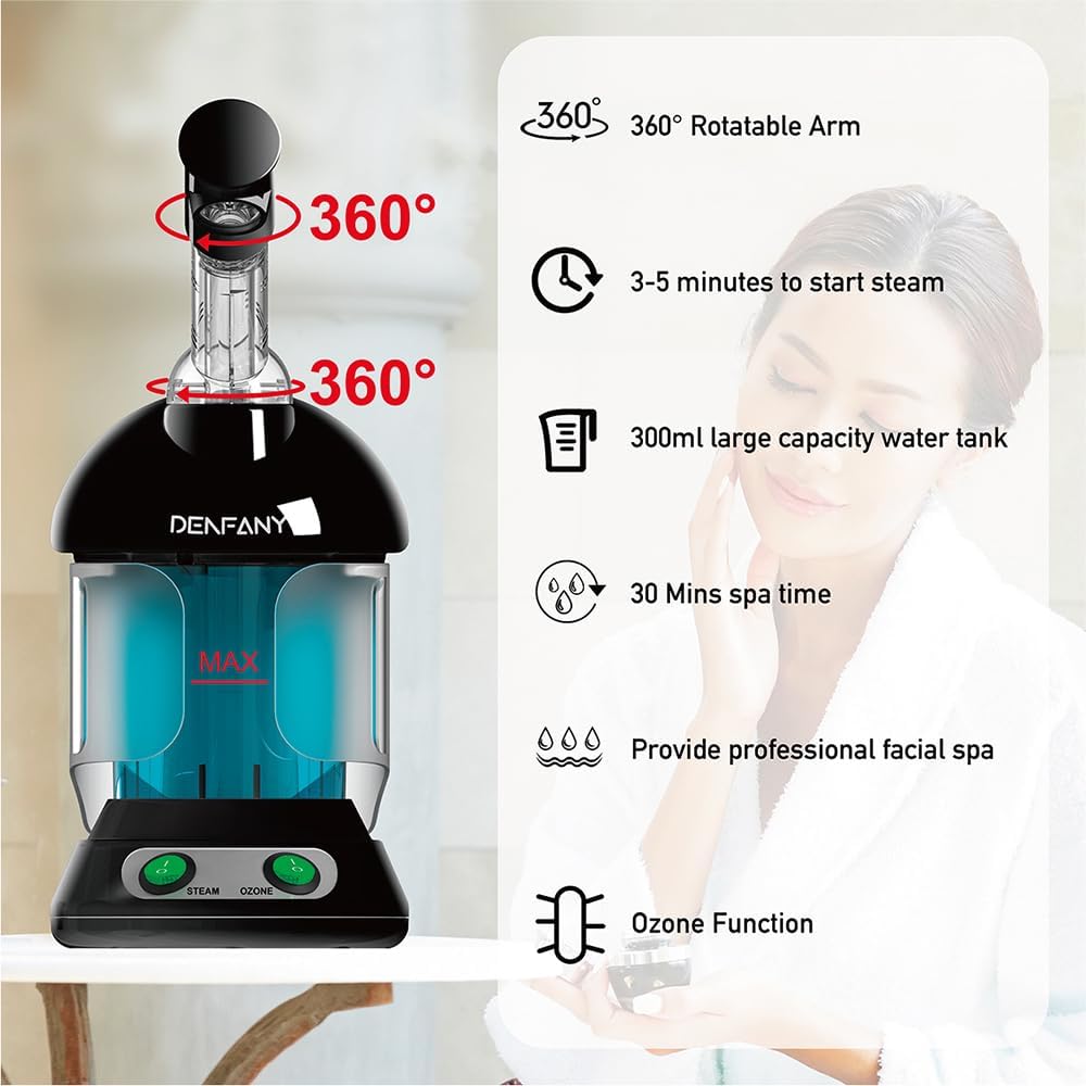 Facial Steamer - DENFANY Nano Ionic Face Steamer with Extendable 360° Rotating Arm - Portable Facial Steamer for Personal Care at Home or Salo （Black）