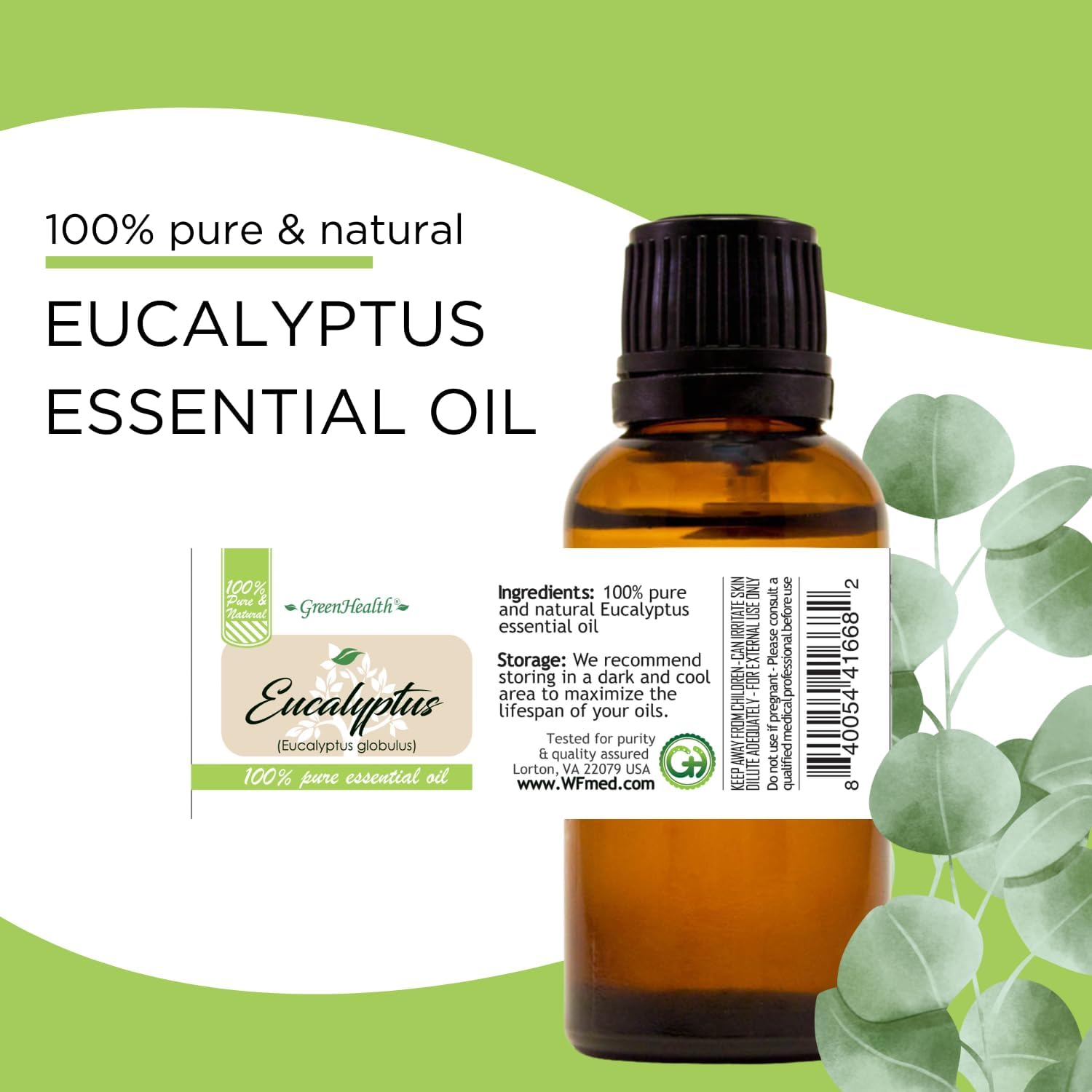 GreenHealth Eucalyptus Essential Oil – 1 fl oz (30 ml) Amber Glass Bottle w/Euro Dropper – 100% Pure Essential Oil