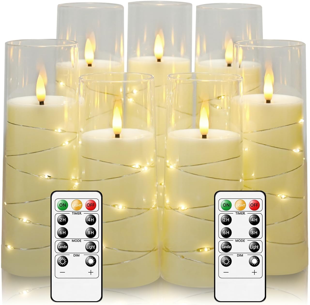 Eebuss Flameless Candles with Embedded Star String, Battery Operated LED Pillar Candles with Timer and Remote Control,Home Decorating for Ambiance， Set of 7(Ivory)