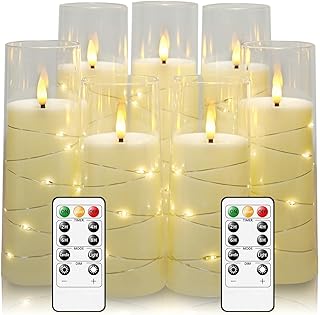 Eebuss Flameless Candles with Embedded Star String, Battery Operated LED Pillar Candles with Timer and Remote Control,Home Decorating for Ambiance， Set of 7(Ivory)