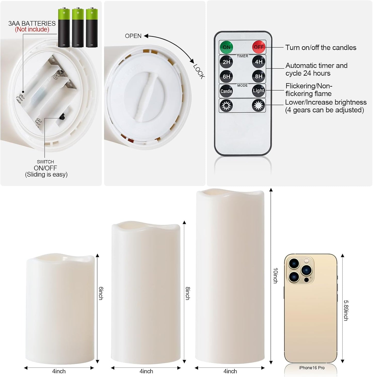 Amagic 3 Pack 4"x 6"8" 10" Outdoor Plastic Electric flameless Candles with Remote Control and Timer, Battery Operated Flickering LED Pillar Fake Candle for Home, Wedding Decor, Ivory