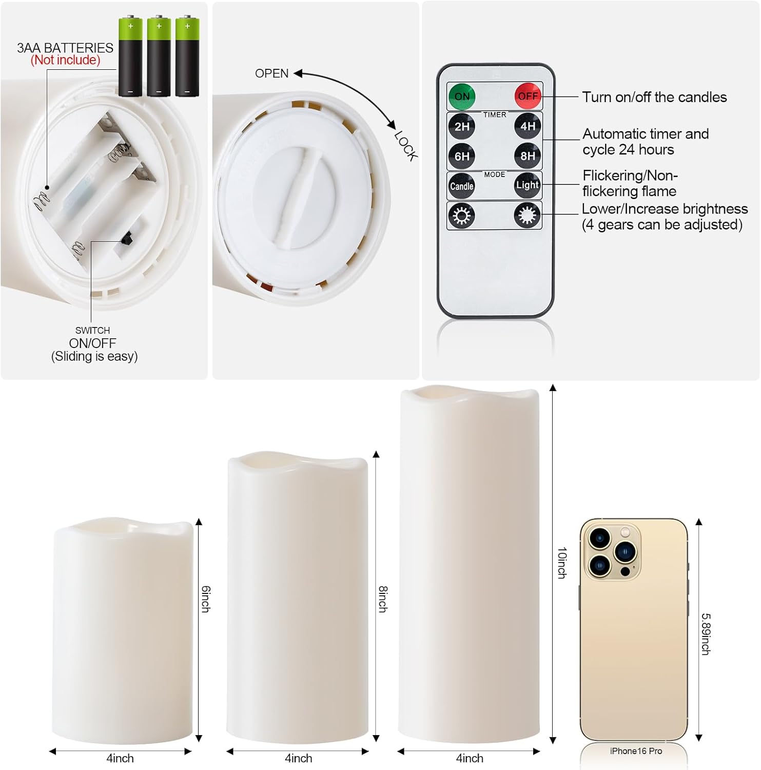 Amagic 3 Pack 4"x 6"8" 10" Outdoor Plastic Electric flameless Candles with Remote Control and Timer, Battery Operated Flickering LED Pillar Fake Candle for Home, Wedding Decor, Ivory