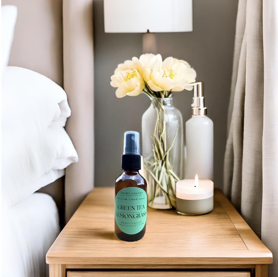 Green Tea and Lemongrass Pillow/Linen/Body Spray by Fairy Greens Lavender Farm in Ellicott City, MD | All Natural | 2oz Amber Bottle